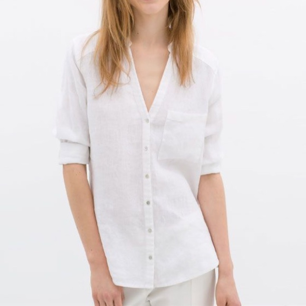 Zara Basics White Linen Button Up Blouse
